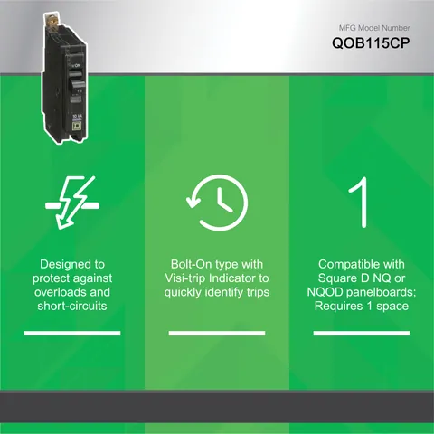 Schneider Electric QOB115 Mini circuit breaker, QO, 15A, 1 pole, 120/240VAC, 10kA, bolt on mount — General Accessories