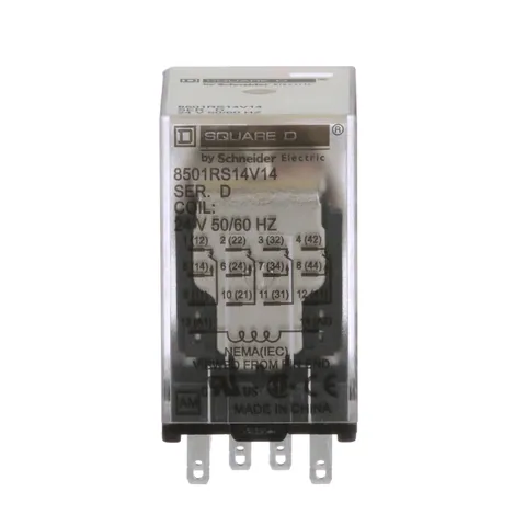 Schneider Electric 8501RS14V14 Plug in relay, Type R, miniature, 0.5 HP at 277 VAC, 8A resistive at 120 VAC, 14 blade, 4PDT, 4 NO, 4 NC, 24 VAC coil — Accesorios generales