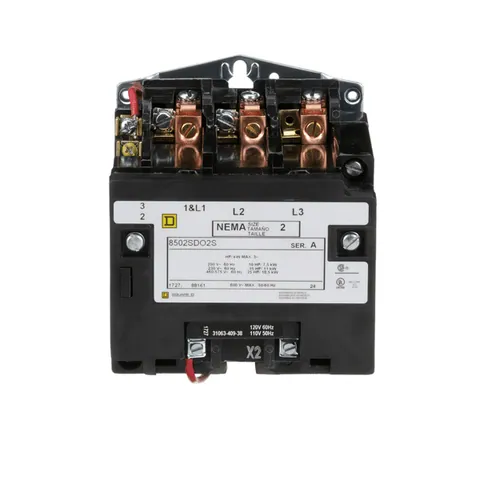 Schneider Electric 8502SDO2V08 NEMA Contactor, Type S, nonreversing, Size 2, 45A, 25HP at 575VAC, 3 phase, up to 100kA, 3 pole, 208VAC coil, open — General Accessories