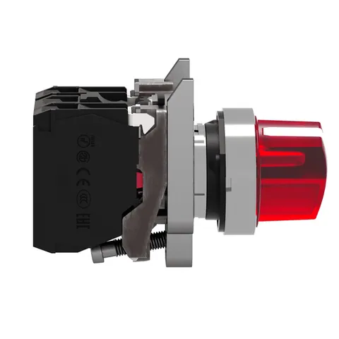 Schneider Electric XB4BK124G5 Illuminated selector switch, Harmony XB4, metal, red handle, 22mm, universal LED, 2 positions, 1NO + 1NC, 110...120V AC — Switches & Modular Apparatus