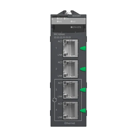 Schneider Electric BMXNOC0401 network module, Modicon M340, EtherNet/IP and Modbus/TCP, 4 x RJ45 — Rozproszone wejścia/wyjścia (I/O) i komunikacja