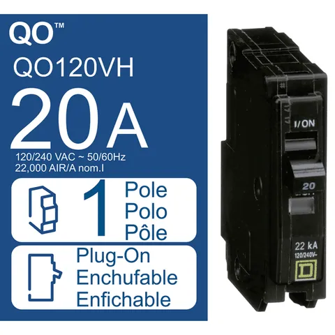 Schneider Electric QO120VH Mini circuit breaker, QO, 20A, 1 pole, 120/240VAC, 22kA, plug in mount — General Accessories