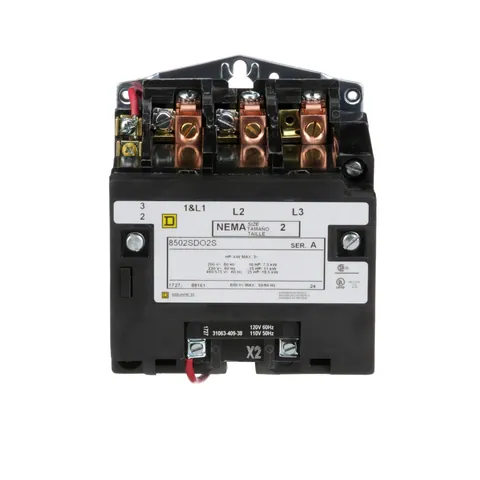 Schneider Electric 8502SDO2V02S NEMA Contactor, Type S, nonreversing, Size 2, 45A, 25 HP at 575 VAC, 3 phase, up to 100 kA, 3 pole, 120 VAC coil, open — General Accessories