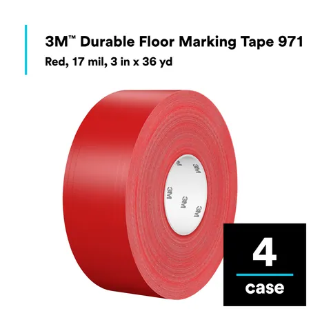 3M 7100260624 Durable Floor Marking Tape 971, Red, 3 in x 36 yd, 17 mil, 4 Rolls/Case, Individually Wrapped Conveniently Packaged — General Accessories