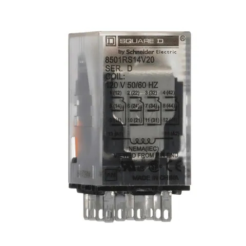 Schneider Electric 8501RS14V20 Miniature Relay, Harmony 8501R, low voltage, hermetically sealed, 4PDT, 14 blades, 8A at 120V AC, coil, 0.5HP at 277V AC, 120V AC, 4NO+ 4NC — General Accessories