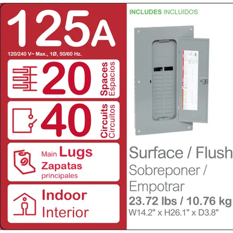 Schneider Electric HOM2040L125PC Load center, Homeline, 1 phase, 20 spaces, 40 circuits, 125A convertible main lugs, PoN, NEMA1, combo cover — Accessori generali