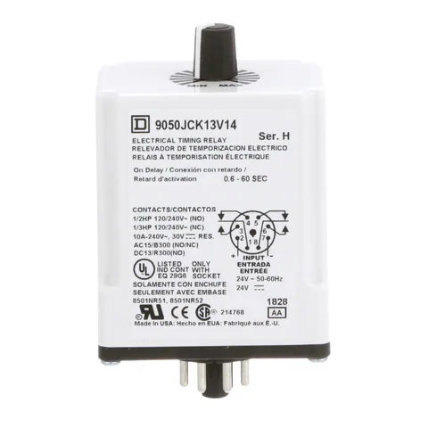 Schneider Electric 9050JCK13V14 Timing Relay, Type JCK, plug In, on delay, adjustable time, 0.6 to 60 seconds, 10A, 240 VAC, 24 VAC/DC — Accesorios generales