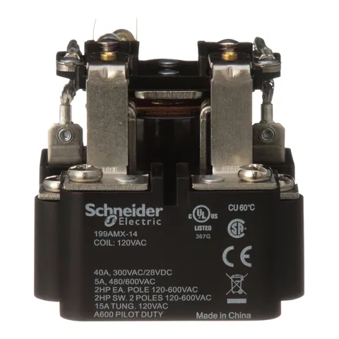 Schneider Electric 199AMX-14 Power relay, SE Relays, DPDT, 40A, 120 VAC, auxiliary switch, open type — Accessori generali