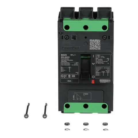Schneider Electric BDL36025 Circuit breaker, PowerPacT B, 25A, 3 pole, 600Y/347VAC, 14kA, lugs, thermal magnetic, 80% — General Accessories