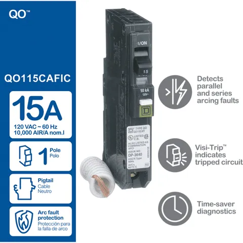 Schneider Electric QO115CAFI Mini circuit breaker, QO, 15A, 1 pole, 120/240VAC, 10kA, combo arc fault, pigtail, plug in mount — General Accessories