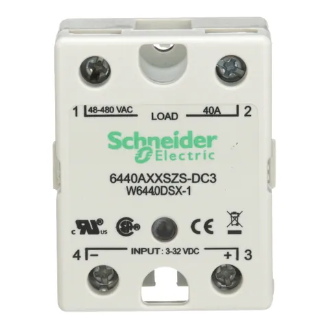 Schneider Electric 6440AXXSZS-DC3 Relay, SE Relays, solid state, SPST NO, 40A, 48…530 VAC, 3...32 VDC Uc, SCR AC zero cross, screw terminal — General Accessories