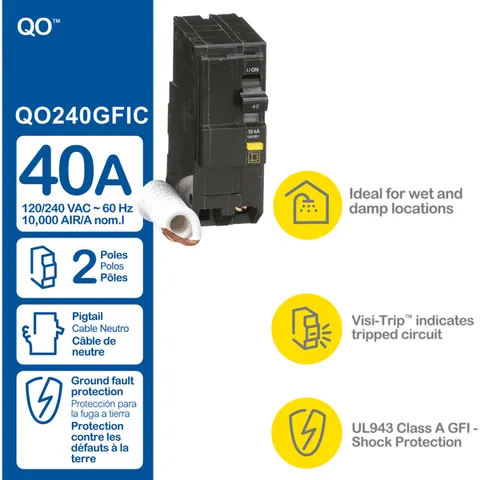 Schneider Electric QO240GFI Mini circuit breaker, QO, 40A, 2 pole, 120/240VAC, 10kA, 6mA grd fault A, pigtail, plug in mount — Akcesoria ogólne