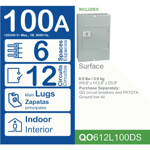 Schneider Electric QO612L100DS Load center, QO, 1 phase, 6 spaces, 12 circuits, 100A fixed main lugs, NEMA1, door surface cover, UL — Accessori generali