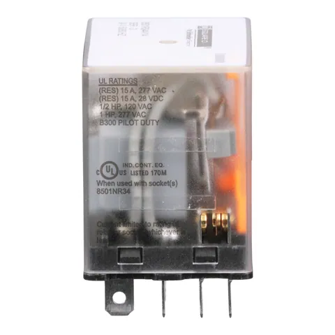 Schneider Electric 8501RS44V14 Plug in relay, Type R, miniature, 1 HP at 277 VAC, 15A resistive at 120 VAC, 14 blade, 4PDT, 4 NO, 4 NC, 24 VAC coil — General Accessories